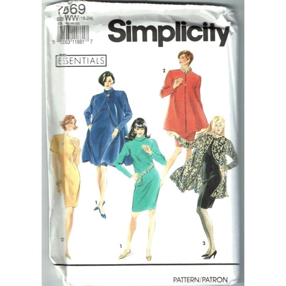 Simplicity Sewing Pattern 7569 Coat Jacket Two Lengths Dress Sz 18-24 UNCUT
